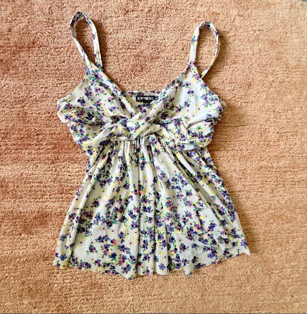 Express M Floral Babydoll Cami Top Blue Purple Sleeveless Bow Peplum